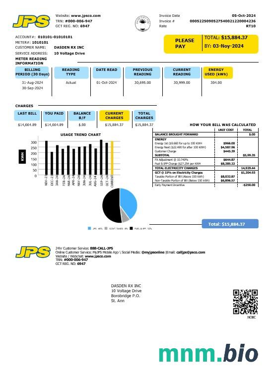 Jamaica Public Service Company Limited (JPS) szablon rachunku za energię elektryczną w formacie Word i PDF